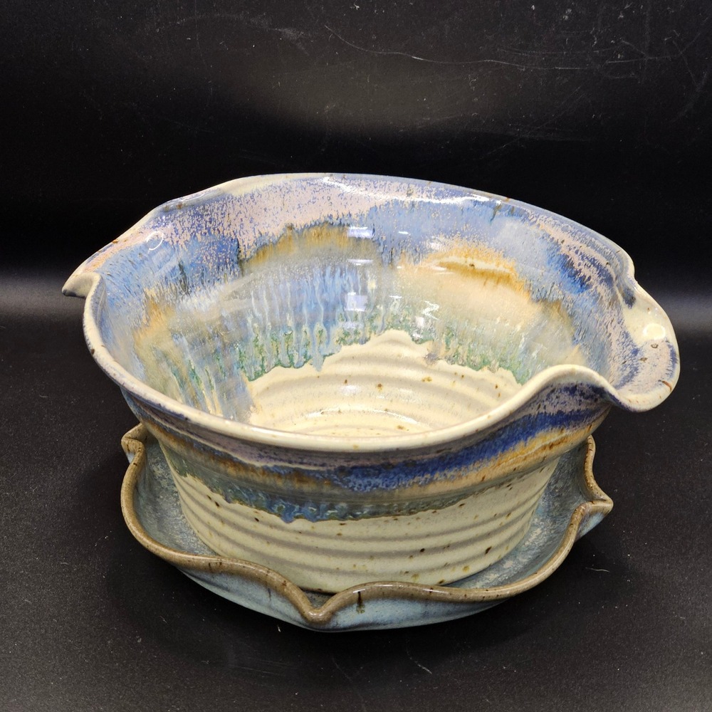 Sturbridge Pottery Handmade Stoneware Berry Bowl w Drip Plate Signed Blue Green